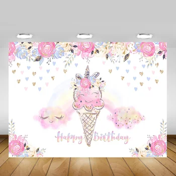 

Ice Cream Happy Birthday Backdrop for Photography Floral Unicorn Birthday Party Banner Decor Background Pink Watercolor Flowers