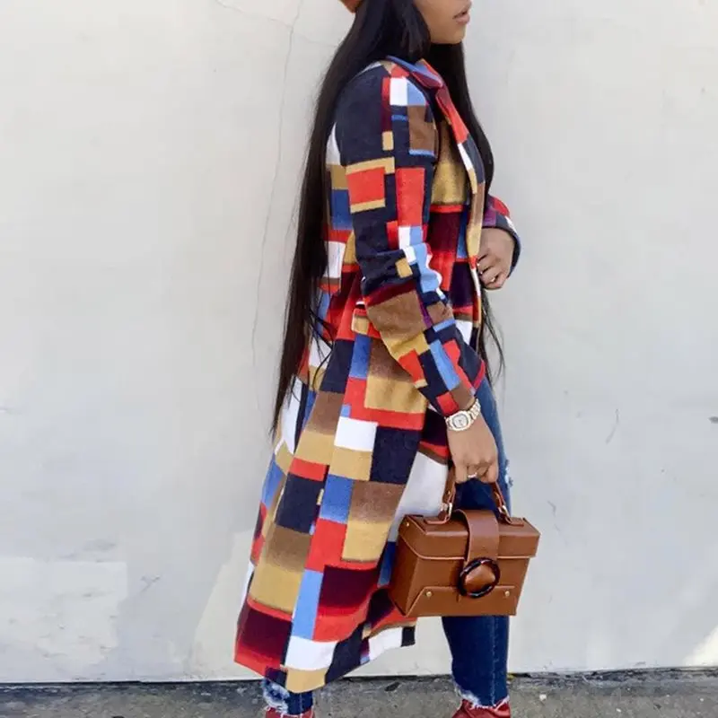 Женское осенне-зимнее клетчатое длинное пальто размера плюс 3XL, модное женское Шерстяное Пальто в африканском стиле, элегантное офисное пальто OL