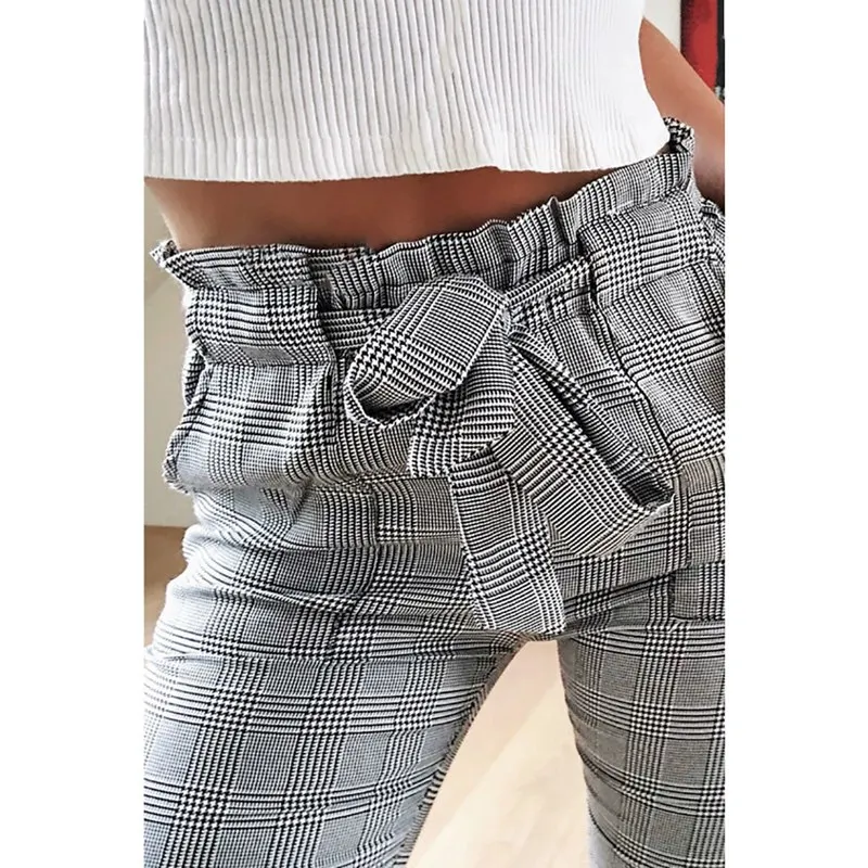 Plaid Pants Women Autumn Lattice Print Loose Elastic High Waist Tie Straight Casual Long Pants