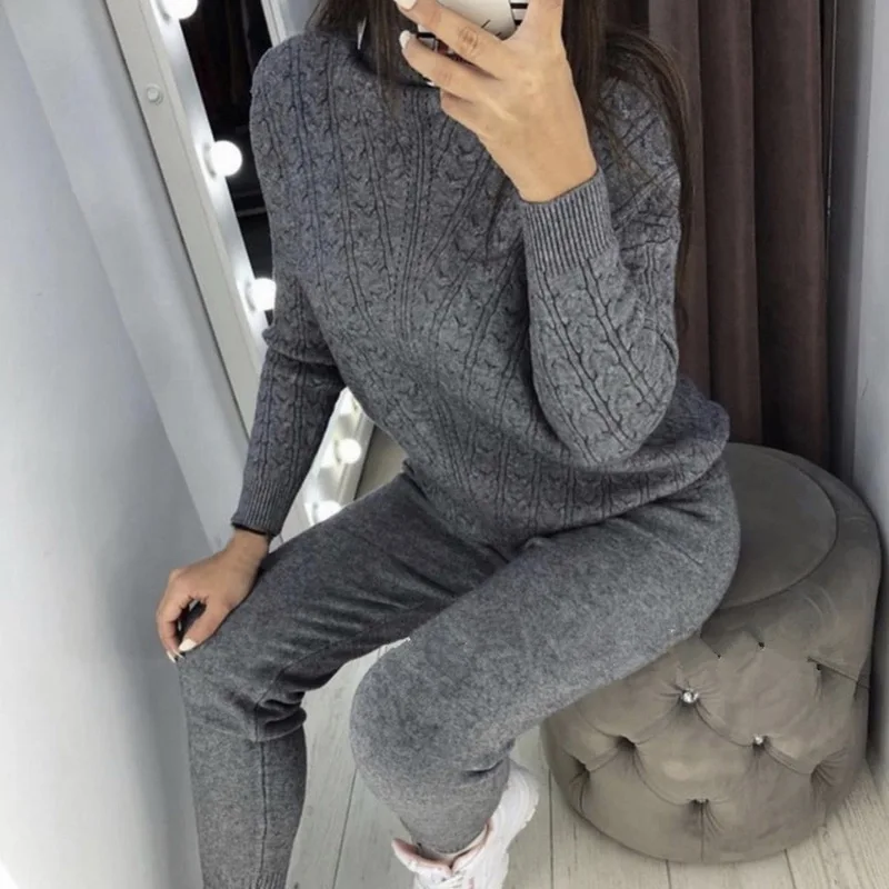 2 Pieces Woman Knitted Suits Wool Warm Sports Sets Ladies Turtleneck Sweater+Pants Casual Autumn Winter Slim Tracksuits New