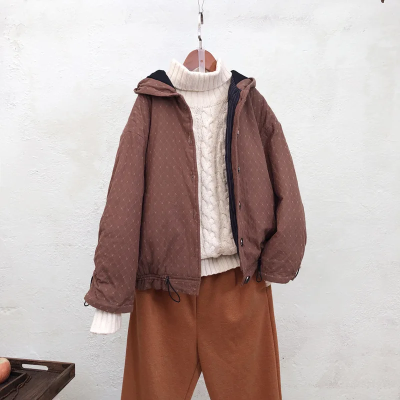 

2019 Winter New Style Retro Literature And Art Thick Warm Cotton-padded Jacket Female Rhombus Loose And Plus-sized Hooded Cotton