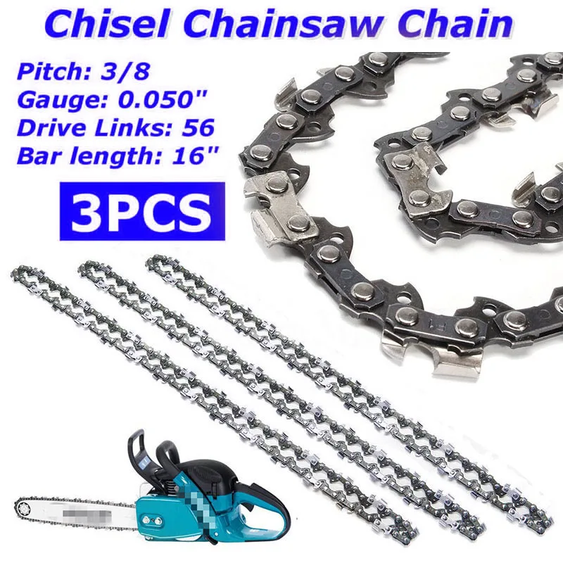 

3PCS Structural Alloy Steel Chain Saws 16" 3/8" LP 0.050" 56DL Bar Chainsaw Chain Semi Chisel For DC UC NB Accessories