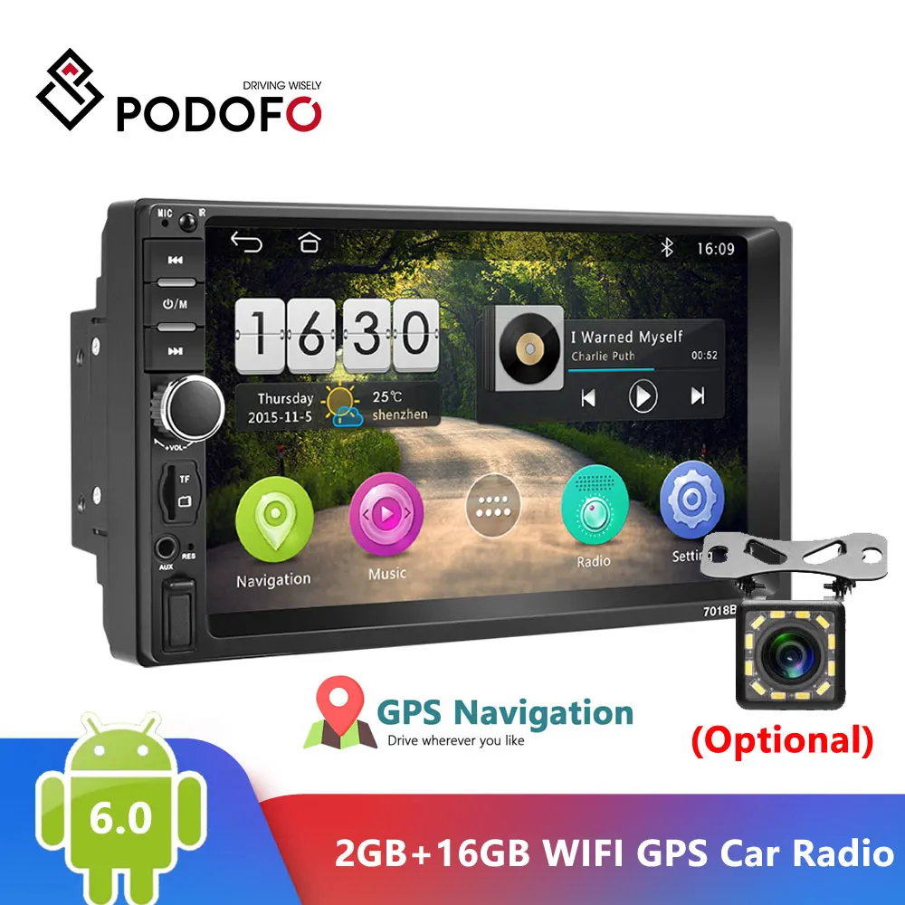 Автомагнитола Podofo 2 Din Android 6 0 + 16 ГБ 7 дюймов GPS|Мультимедиаплеер для авто| |