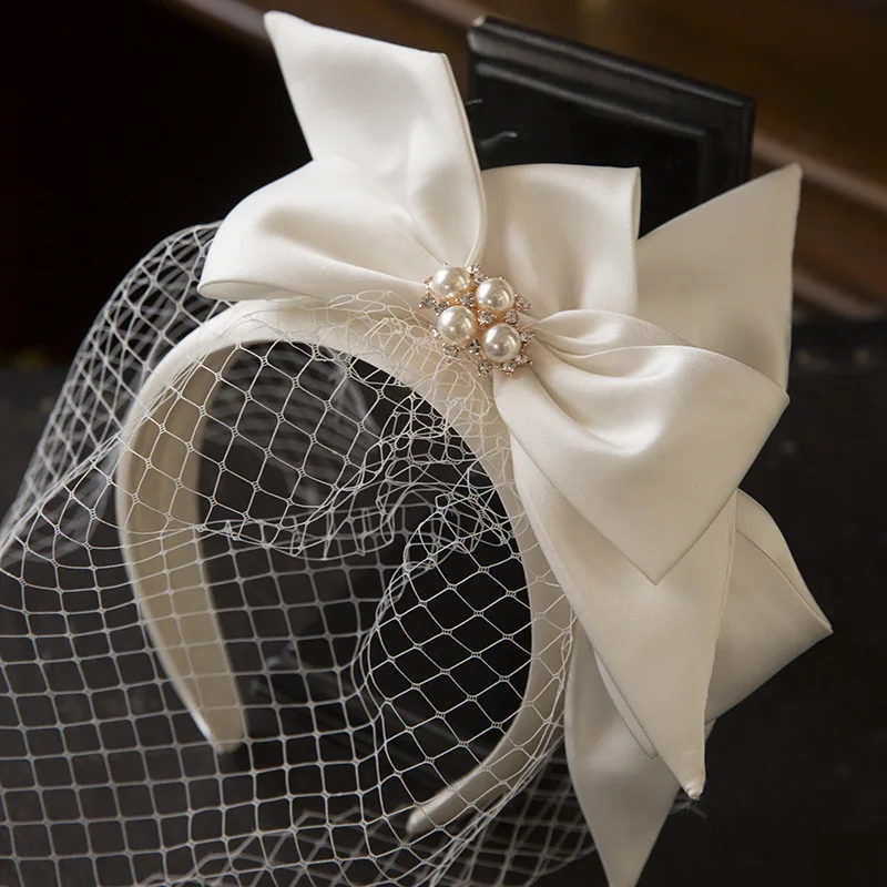White bridal hairband Mesh Satin Bow Headband Vintage Fairy Bridal Wedding hair Accessory hair accessories bridal hair accessories crown headband