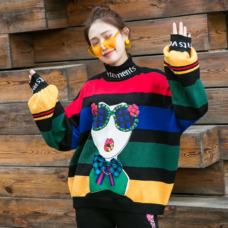 MUMUZI, Радужный Цветной полосатый свитер, женские джемперы, пуловеры, повседневные топы с длинным рукавом, вязаные свитера с высоким воротом, pull femme