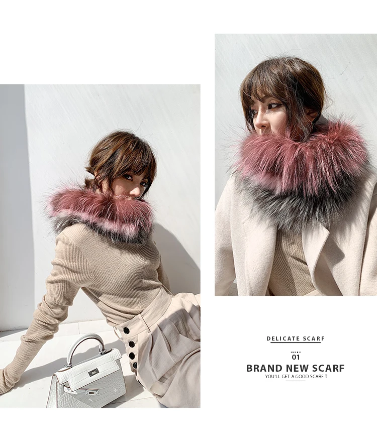Quality female real fox fur scarf, pink and gray mixed round fur ring, temperamental fox fur shawl 22x70cm