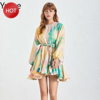 

2020 Autumn Spring Irregular Hit Color Patchwork Womens Dress O Neck Puff Sleeve Bandage Dresses Female 2020 Casual Fashion New