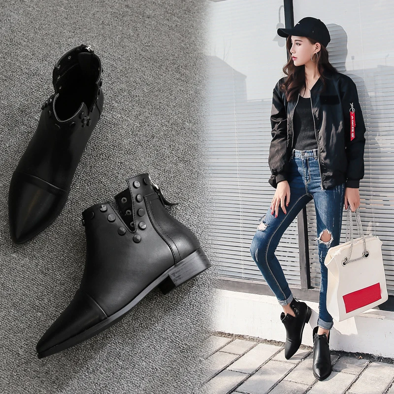 

Punk leather motorcycle boots women ankle v open rivets decorate botines pointed toe back zip western brand booties ladies shoes