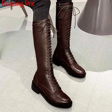 Krazing pot/Новое поступление; зимние сапоги из натуральной кожи на среднем каблуке с круглым носком; высокое качество; сохраняющие тепло сапоги до колена на шнуровке; l26