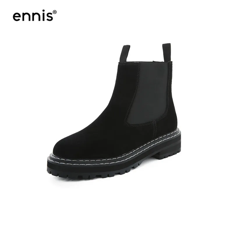 Black ENNIS/брендовые замшевые ботинки; женские ботильоны на платформе; обувь на низком каблуке; женские ботинки из коровьей кожи на плоской подошве; модная обувь без застежки; Новинка; A9230 - Цвет: Black