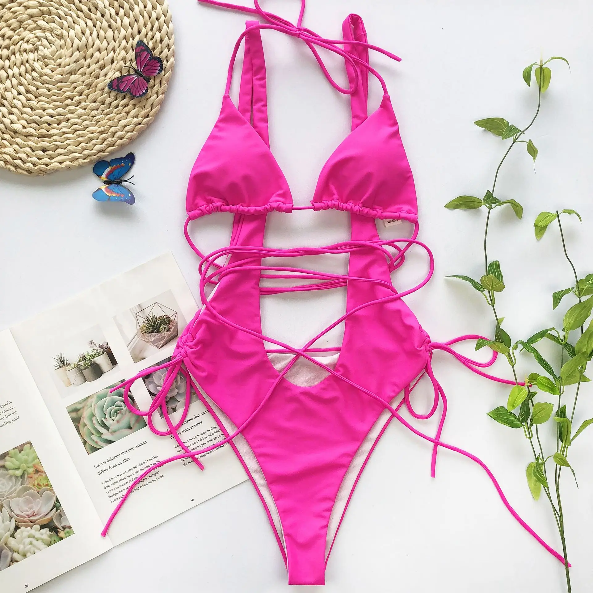 Cut Out Swimsuit One Piece Swimsuit Sexy String Swimwear for Women High Leg Solid Swimming Suit Backless Two Piece Thog Swim