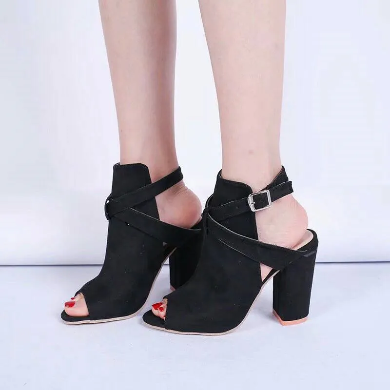 Женские ботильоны из искусственной кожи или замши; Повседневное открытые туфли с открытым носком на высоком каблуке модная обувь с пряжкой квадратный; резиновый черная обувь для Для женщин Большой Размер(43