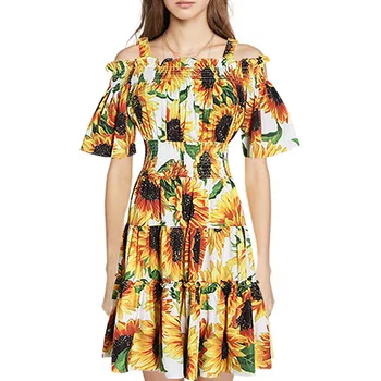 

OUSHANG2020 Summer Sunflower Print Contrast Color Square Collar Sling Strapless Half Sleeve High Waist Mini Dress Women Tide