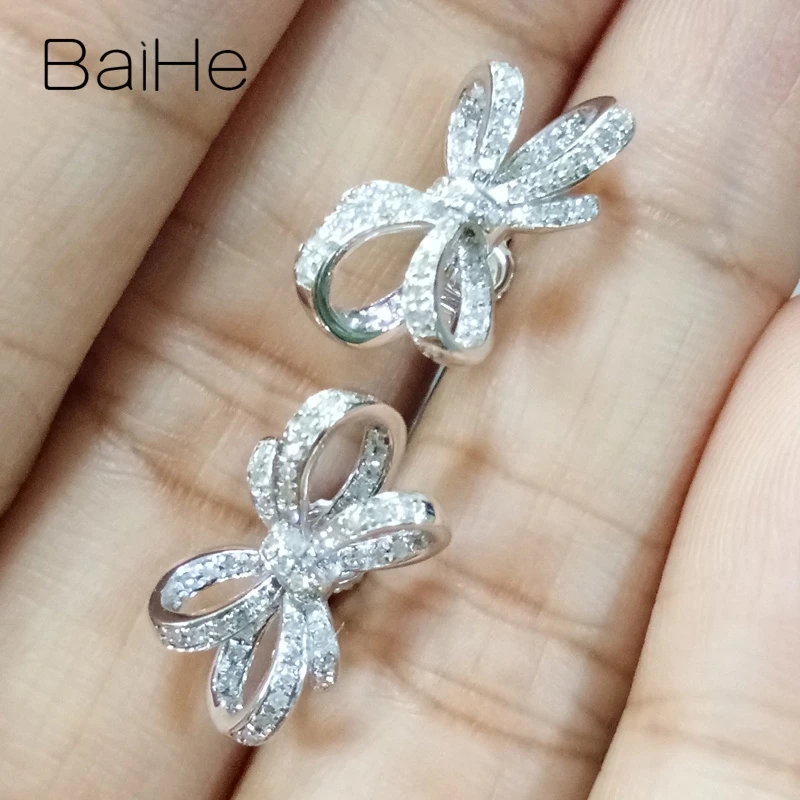 BAIHE Твердые 14 к желтое золото 0.32ct H/SI натуральные бриллианты свадебные женские модные ювелирные украшения красивый бант серьги-гвоздики с бриллиантами