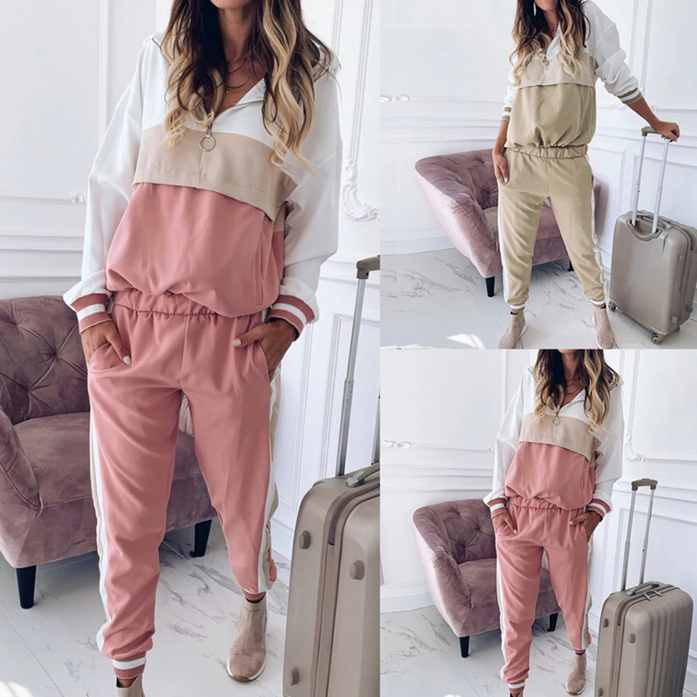 2019 Women Tracksuits Sets 2Pcs Running Sportswears Zipper Hoodies Patchwork Tracksuit Female Long Sleeve Sweatshirt Pant | Спорт и