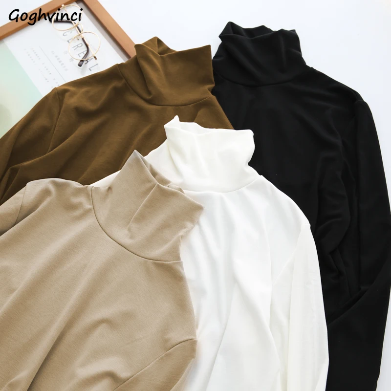 

T-shirts Women Long Sleeve Solid Turtleneck Casual All-match Simple Ulzzang Elegant High Quality Soft Slim Lovely Womens Clothes