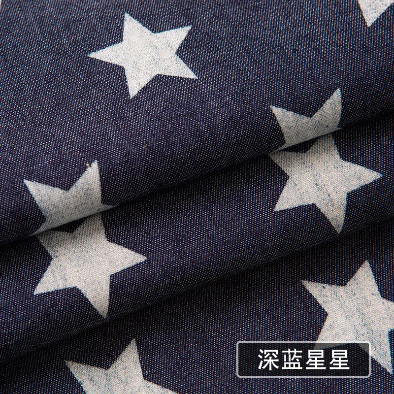 Stripe Soft Washed Denim Fabric Cotton 100% for Shirt Dress Pants Thin Brocade Blue Stars Geometric Printed Sewing Summer Diy 