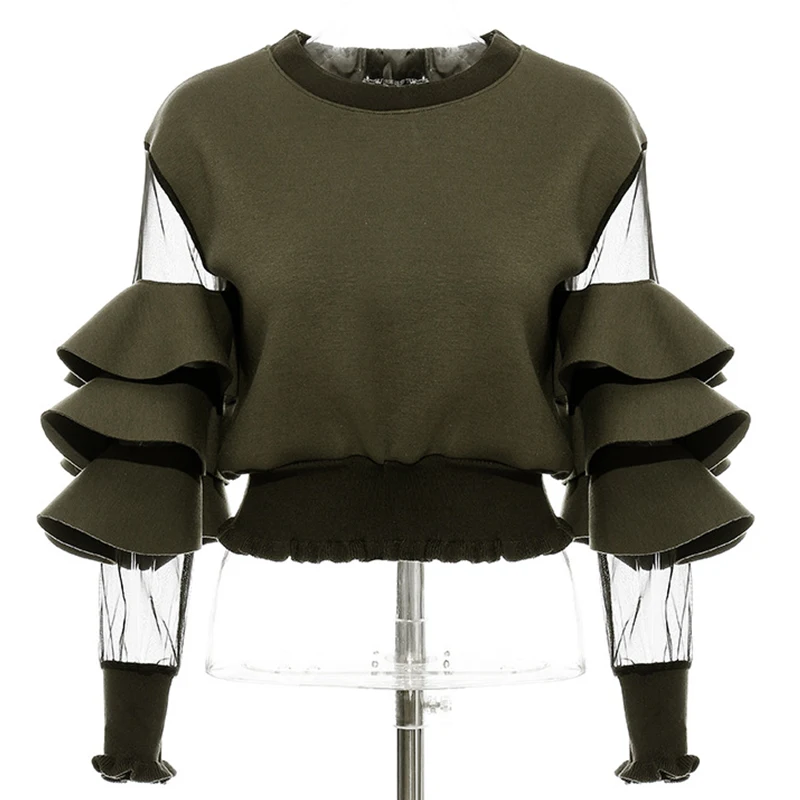 Mesh Women Cropped Sheer Sweatshirt Ruffles Short