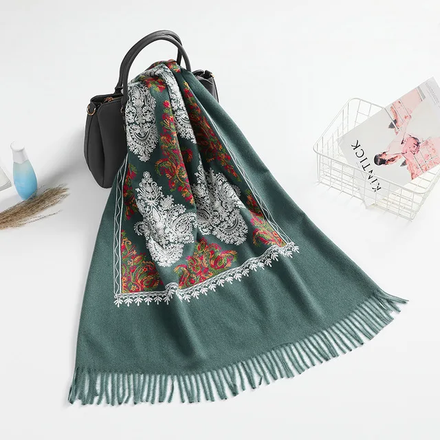 Роскошные брендовые кашемировые женские шарфы с вышивкой палантины теплая шаль Бандана шарф Мусульманский Хиджаб пляжное одеяло лицо щит Foulard - Цвет: dark green