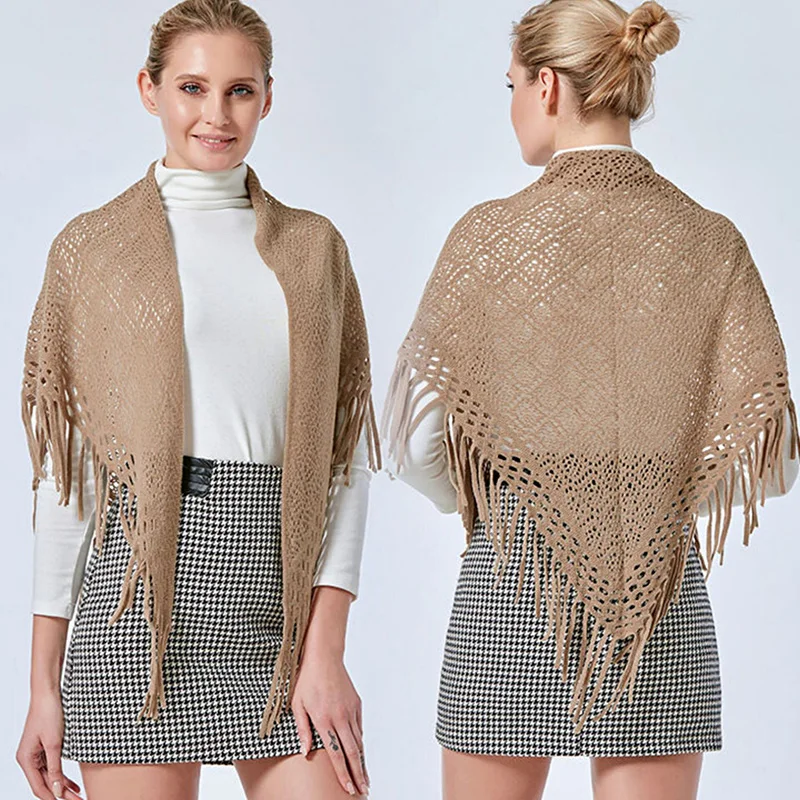 Fashion Solid Color Air Conditioning Warm Wool Knitted Shawl Women Winter Cold Cashmere Fringed Flower Hollow Triangle Scarf T78 4