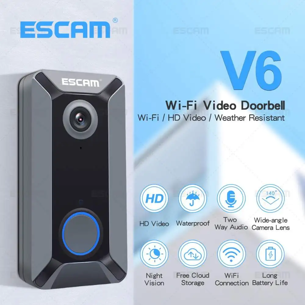 

ESCAM V6 720P Wireless Home Security System Battery Video Doorbell IR Camera Free Cloud Storage Waterproof 140 Degree View