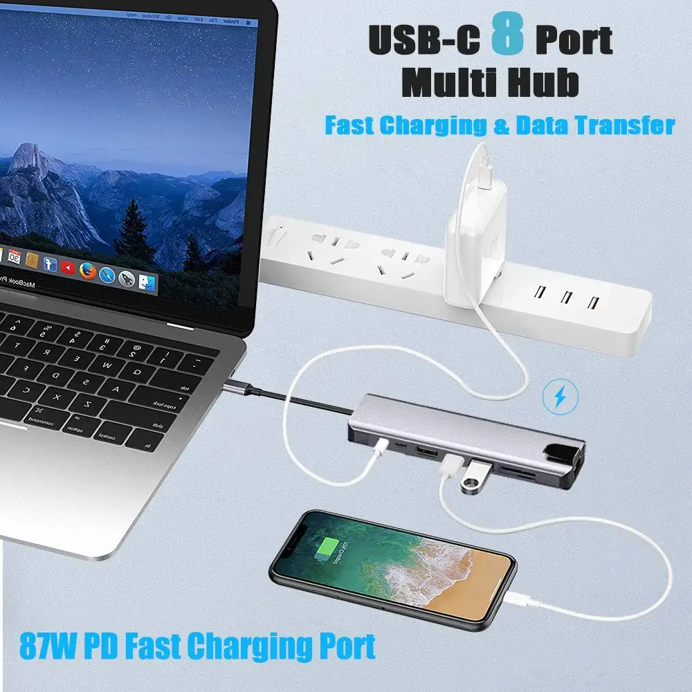 Type C-HDMI концентратор USB C 4K PD 5A 87W док-станция Rj45 Lan USB 3,1 разветвитель USB-C питания Аксессуары Для iMac air MacBook Pro