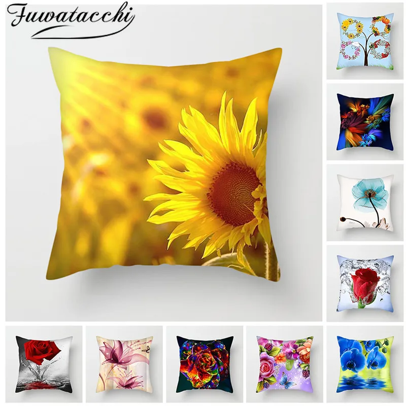 

Fuwatacchi Lotus Lily Rose Pillow Cover Sunflower Cushion Cover for Home Chair Decorative Pillows Flowers Cushion Cover 45*45cm