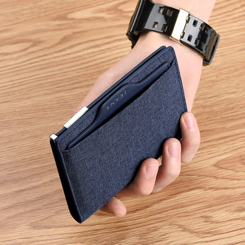 Billetera ultradelgada de lona para hombre, billetera de cuero multifuncional de gran capacidad, con hebilla de metal para tarjetas de crédito