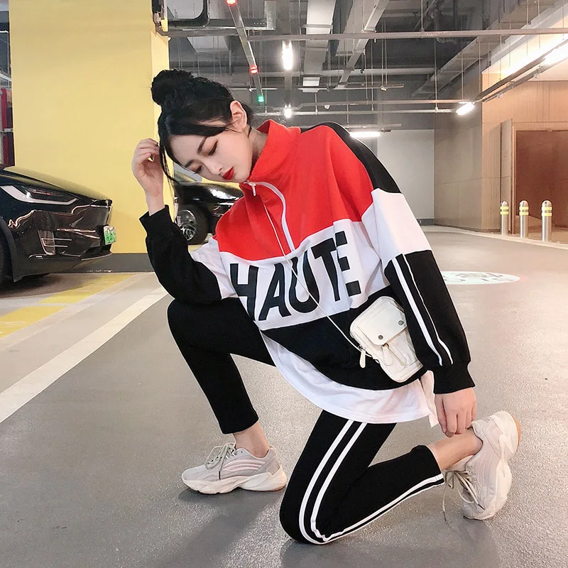 

(Photo Shoot) 2019 Casual Sports WOMEN'S Suit Spring And Autumn Korean-style Western Style Hoodie Two-Piece Set Fashion
