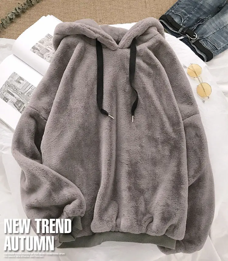 Winter Fashion Sweet And Velvet Warm Women's Hoodies Harajuku Korean Loose Casual Wool Flannel Pullover Sweatshirt white sweatshirt