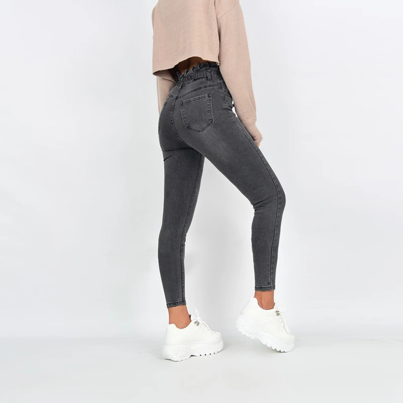 Wuhaobo зимние джинсовые штаны для женщин Ретро рваные джинсы Карманы бутон пояса карандаш брюки обтягивающие повседневные расклешенные штаны S-2XL серый
