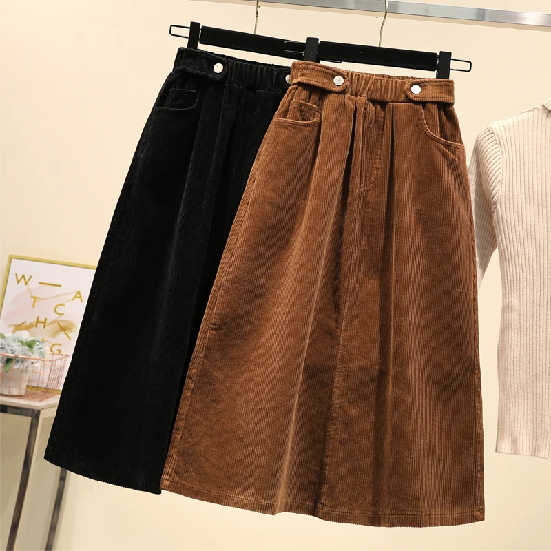 

Corduroy Skirts Womens Autumn Winter Plus Size Pockets A-line High Waist Loose Black Khaki Skirt