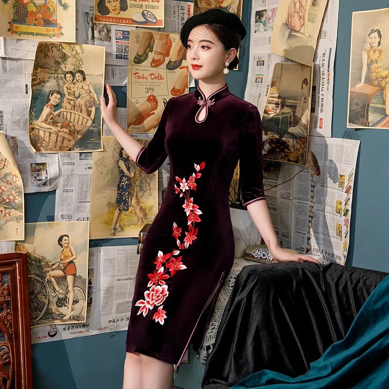 Новое поступление винтажное китайское Чонсам короткое Ципао стиль Chinois Femme платье восточные платья Chinesisches Kleid размера плюс M-6XL