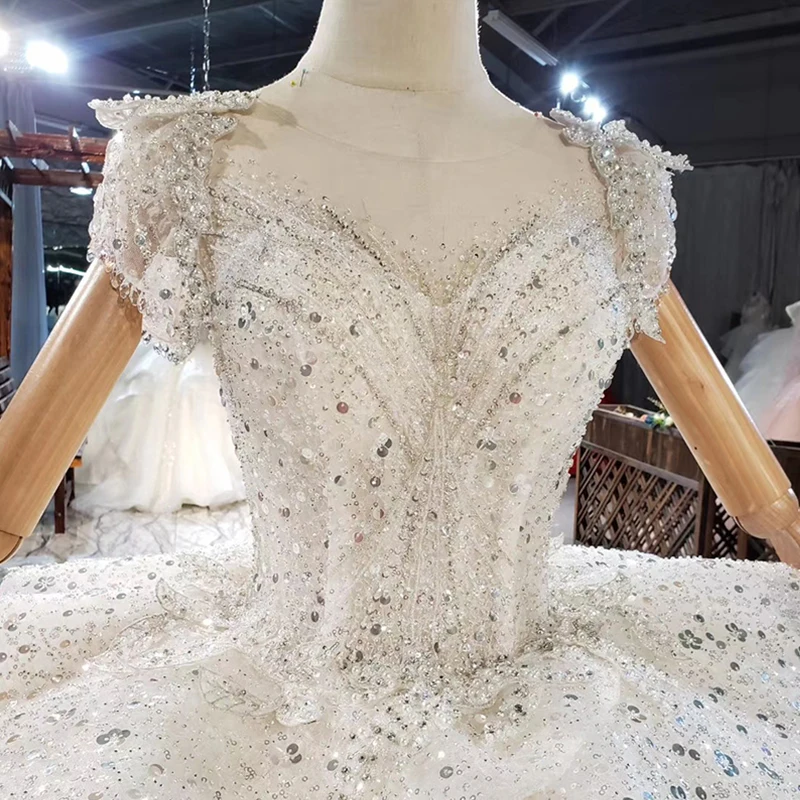 HTL1912 Ball-Gown Beaded Crystal Luxury Wedding Dress 2020 Short Cap Sleeve Deep V-Neck Lace Up Back 5