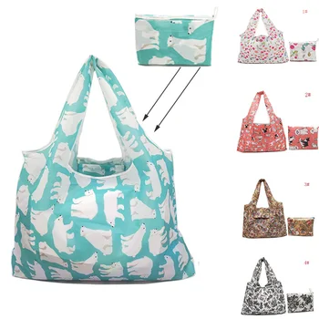 

SHUJIN Printing Foldable Shopping Bag Large Eco Reusable Portable Shoulder Handbag for Travel Grocery Waterproof Folding Pouch