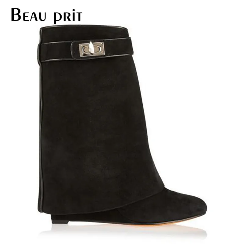 

Plus Size 43 Shark Lock Wedages Women's Boot Mid Calf Length Fold Over Woman Winter Boots 2019 zapatos de mujer