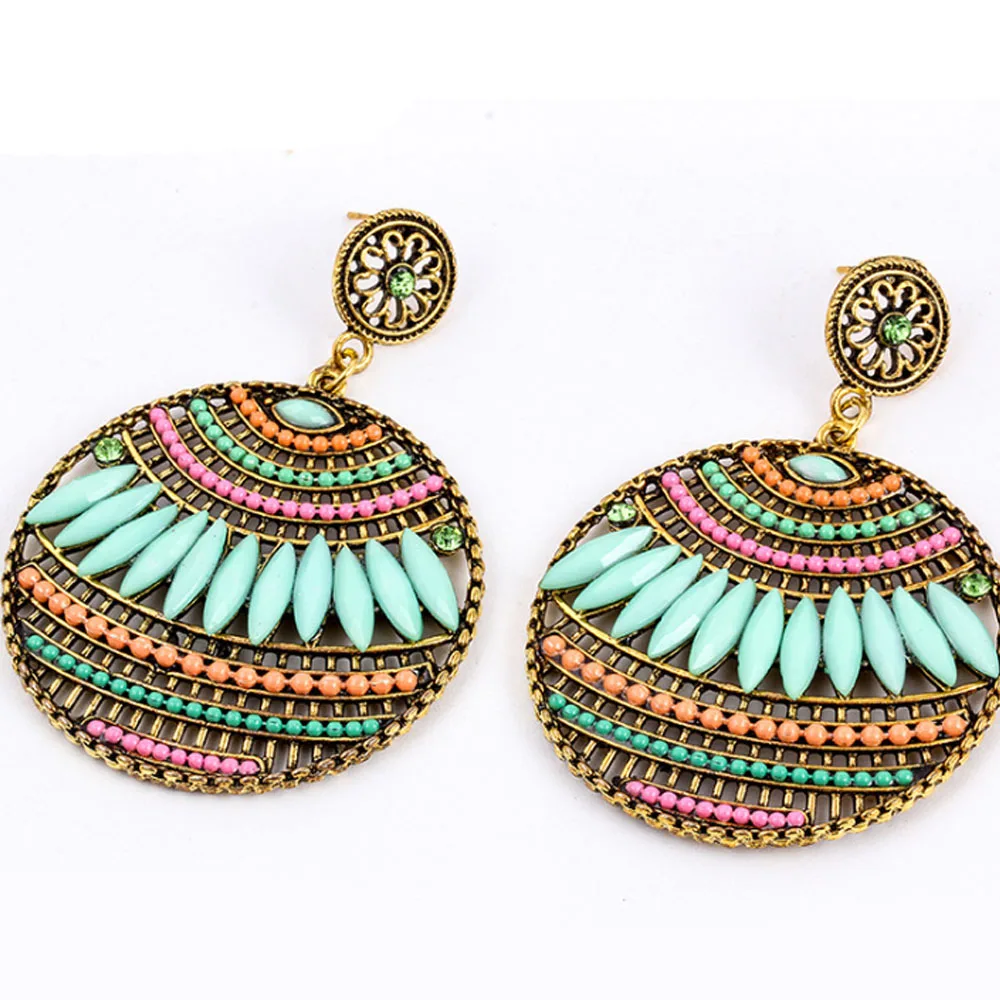Бренд Boho цветное большое Ювелирное Украшение Кристалл Цыганский этнический висячие серьги Винтажные бусины Круглые серьги для женщин ювелирные изделия