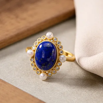 

Natural lapis lazuli ring inlay pearl ring with 925 sterling silver rings 925 ring nickles women jade jewelry