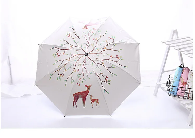 Korean-style Forest Deer Parasol UV-Protection Vinyl Parasol Women's Sun-resistant Three Fold Folding Umbrella Wholesale