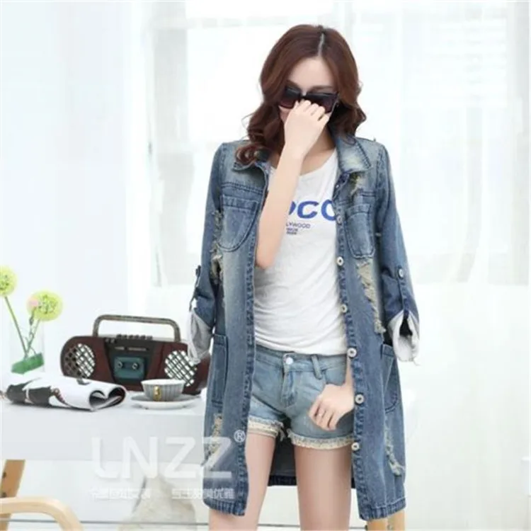 

2019 Spring New Style Large Size Dress Mid-length with Holes Loose-Fit Jeans Coat Wind Coat