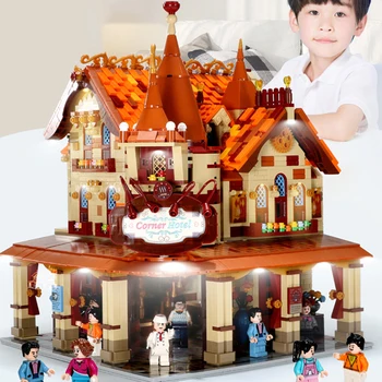 

2020 new MOC city street view Retro Corner Hotel Forest Castle Light Villa building blocks Christmas house toys for kids gifts