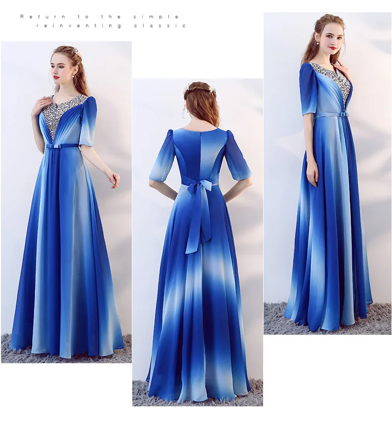 blue BacklakeGirls/Вечерние платья с коротким рукавом, v-образный вырез, Avondjurk, Cristal, шифон,, Vestido De Noite, Longo Para Festa - Цвет: blue