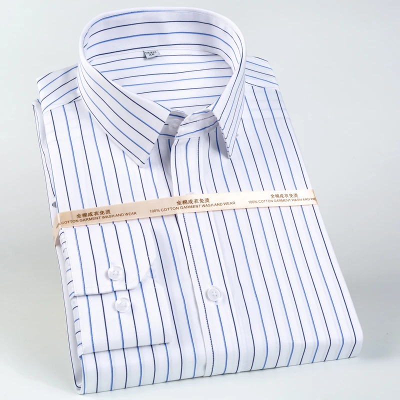Men's Classic Long Sleeve Non-Iron Striped Dress Shirts Removable Collar Stays Formal Business Regular Fit Pure Cotton Shirt