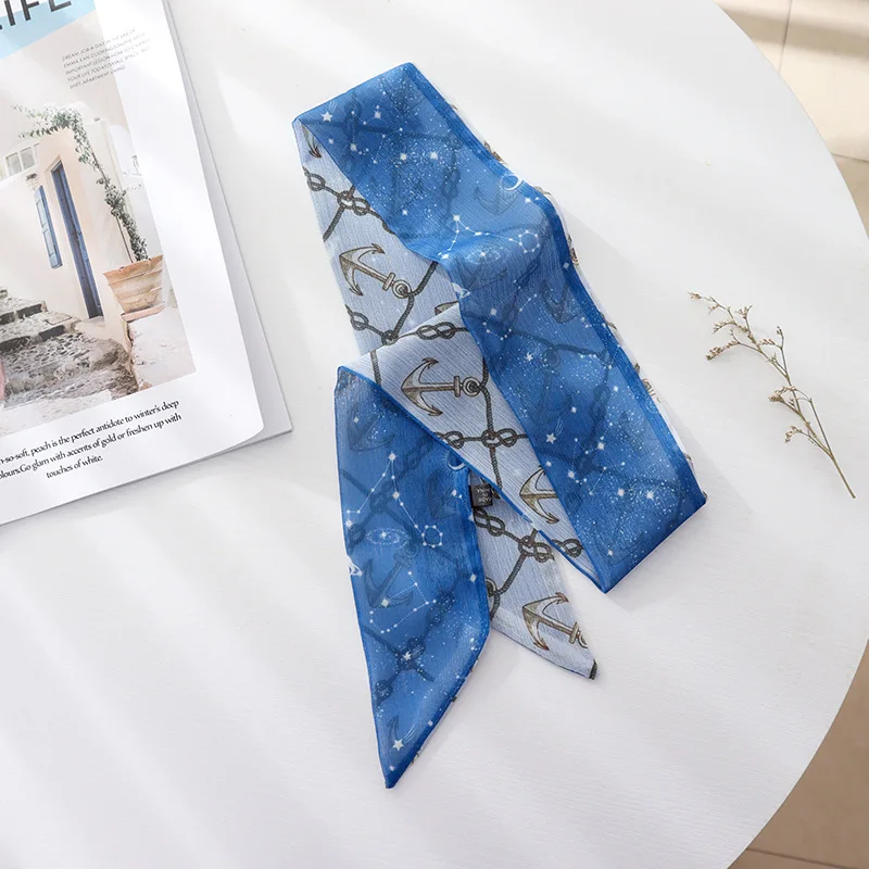 Sciarpa a nastro sottile in Chiffon intrecciato a fascia per capelli intrecciati a fascia lunga floreale blu retrò francese