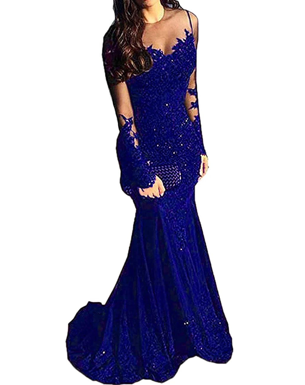 Royal blue Illusions, кружевное платье русалки для выпускного вечера, длинный рукав, тюль, платья для вечеринок,, черное сексуальное Vestido Formatura, вечерние платья - Цвет: Royal blue