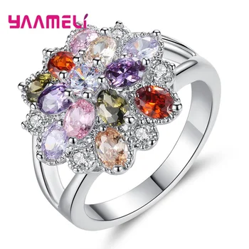 

Hot Sale Multi Color/Cubic Zirconia Flower Rings For Women 925 Sterling Silver Wedding Engagement Jewelry Gifts Statement Love
