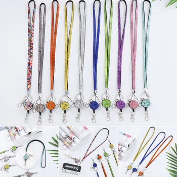 

Colorful ID Card Holder Neck Strap Rhinestone Retractable Reel Necklace Hanging Rope Lanyard Lightweight School Office Supplies