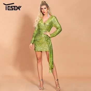 

Yesexy 2020 Sexy Deep V Neck Long Sleeve Sequins Women Mini Dresses Elegant Lace up Female Dresses VR20106