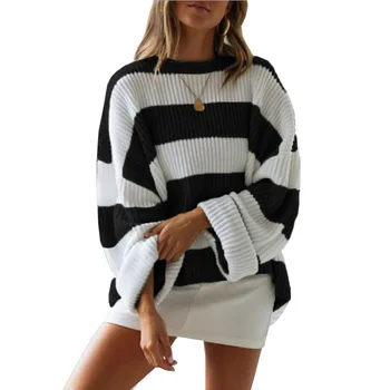 

Casual Oversized Striped Sweater Winter Autumn O Neck Batwing Sleeve Loose Pullover Pullovers Knitted Ladies Jumper White