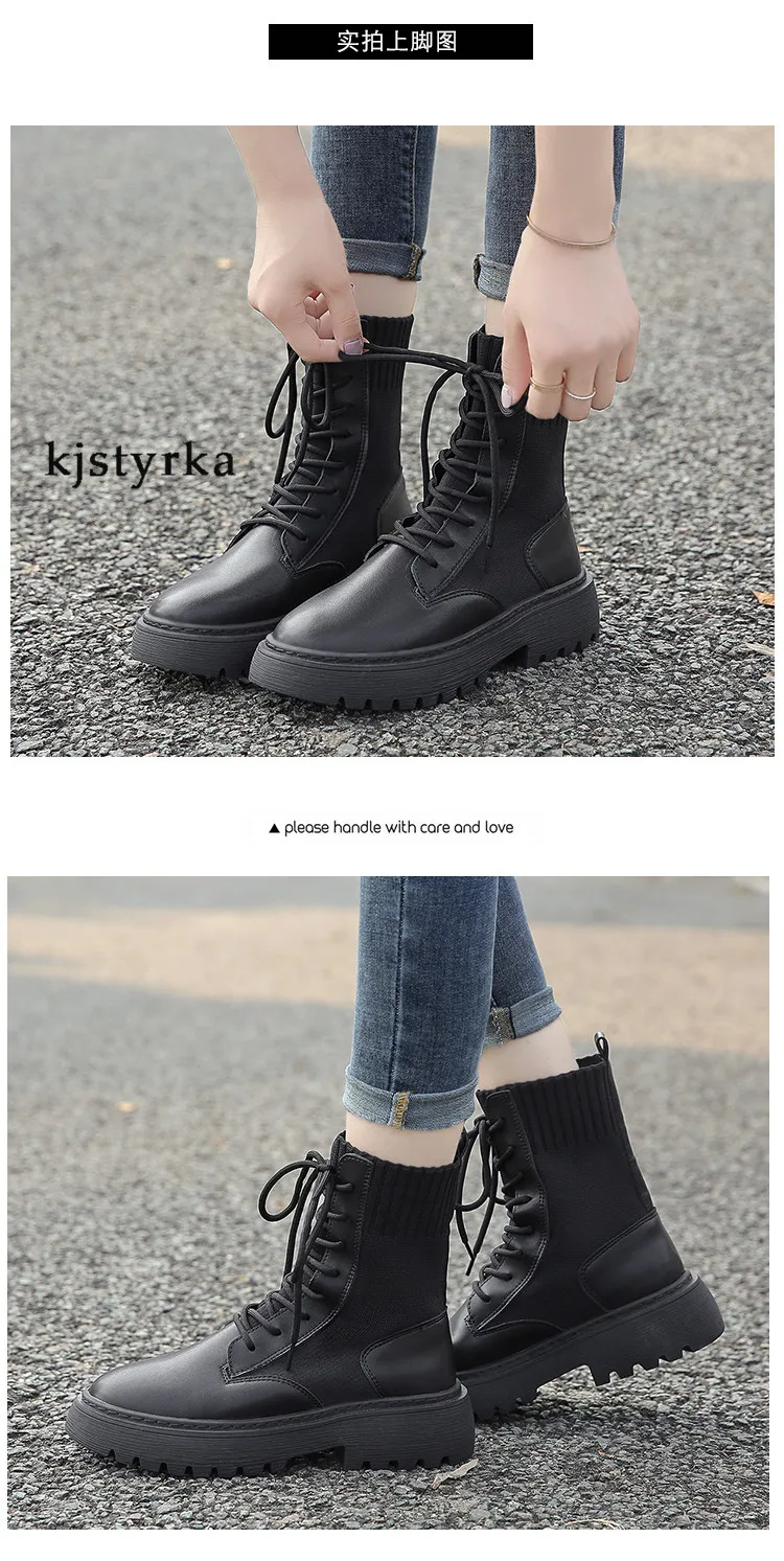 Kjstyrka/брендовые Ботинки Martin; botas femininas de inverno; Высококачественная искусственная кожа; вязаные зимние сапоги на квадратном каблуке